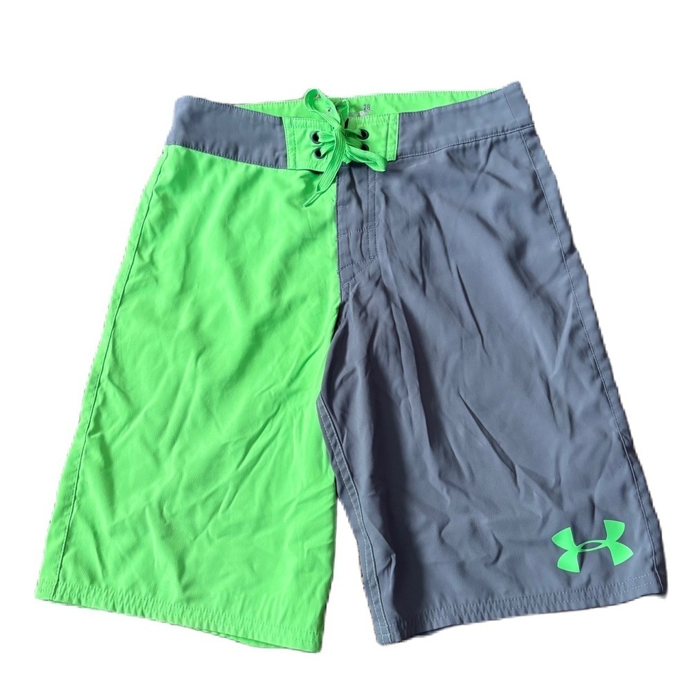 Under Armour Men Neon Green Gray Heat Gear Loose Training Shorts Sz 28